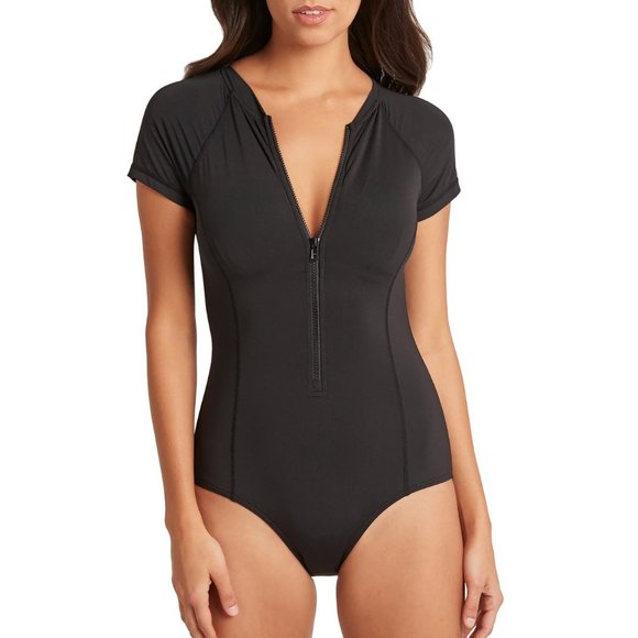 SEA LEVEL Short Sleeve Multifit Zip Front Swimsuit Black 12 NEW - Picture 2 of 8